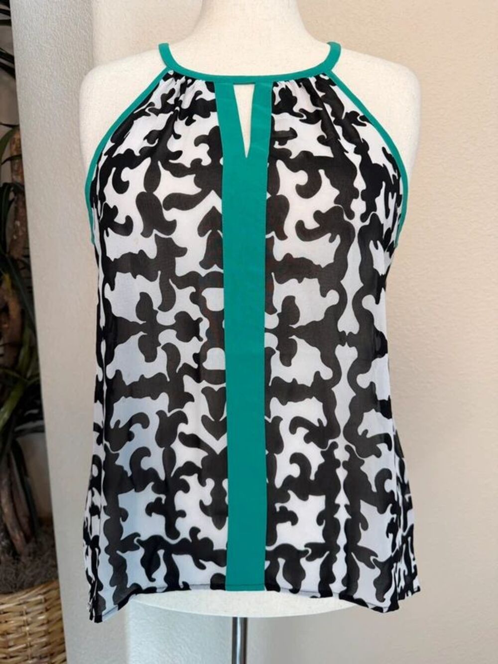Black & White Printed Halter Tank with Teal Trim